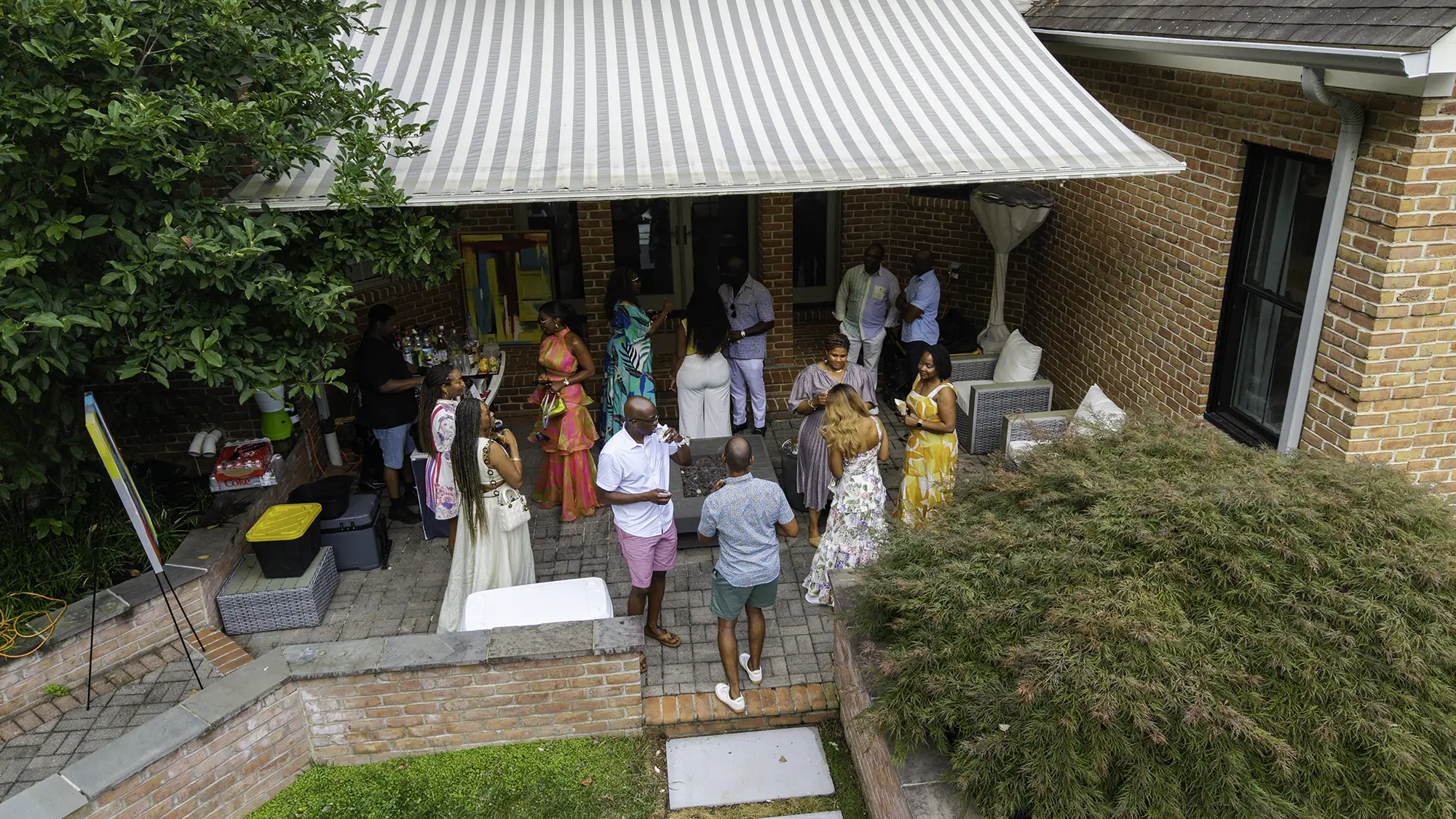 Outdoor reception and patio gathering from above